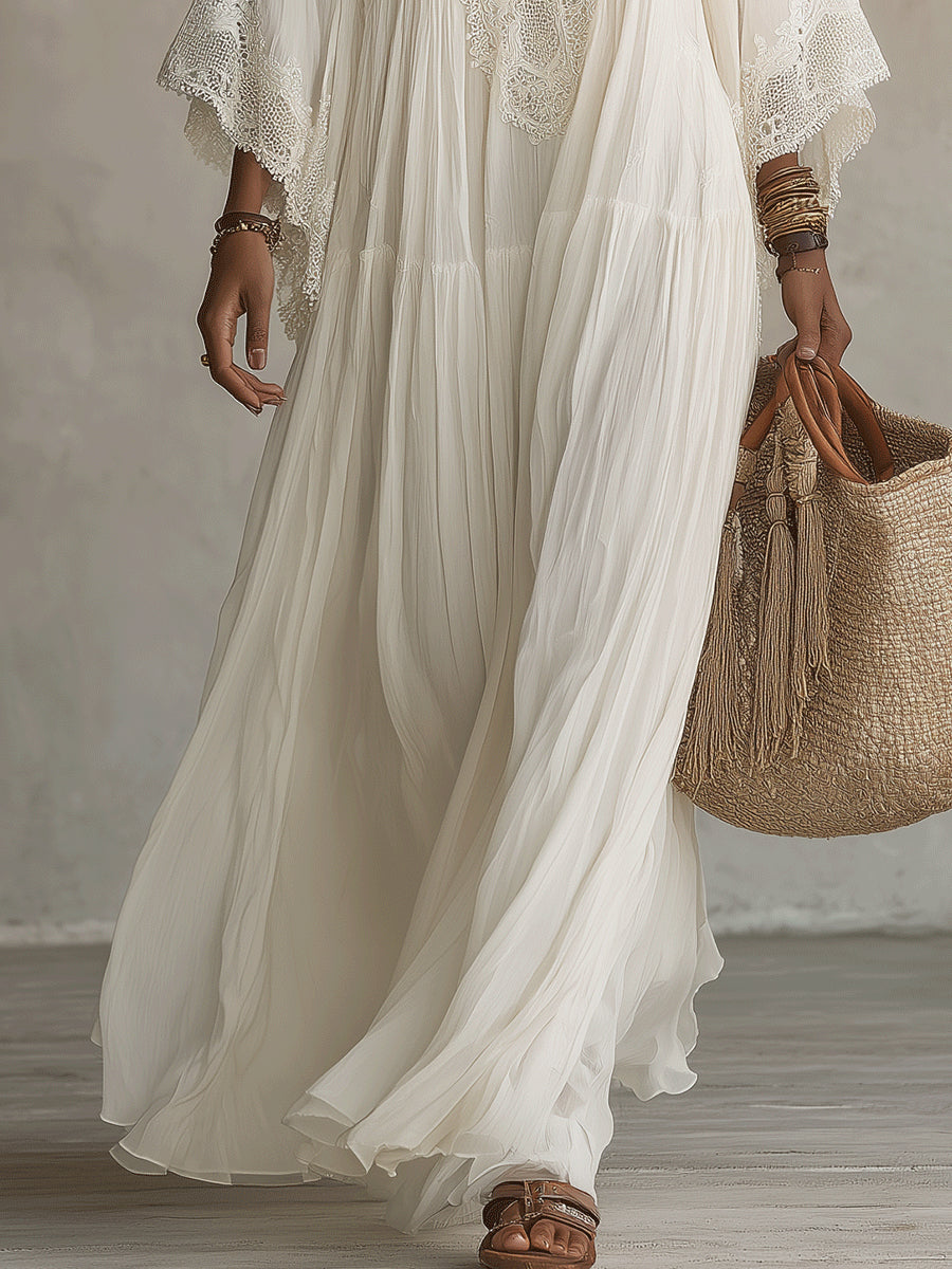 Celeste | Vestido Largo de Chifón Marfil con Mangas Murciélago y Encaje Blanco