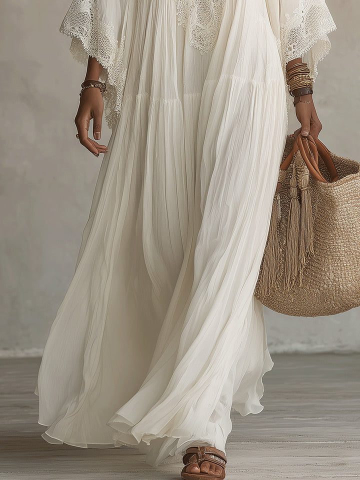 Celeste | Vestido Largo de Chifón Marfil con Mangas Murciélago y Encaje Blanco