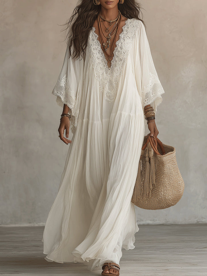 Celeste | Vestido Largo de Chifón Marfil con Mangas Murciélago y Encaje Blanco