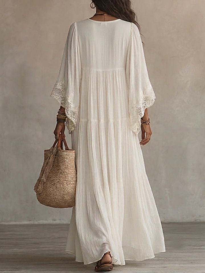Celeste | Vestido Largo de Chifón Marfil con Mangas Murciélago y Encaje Blanco