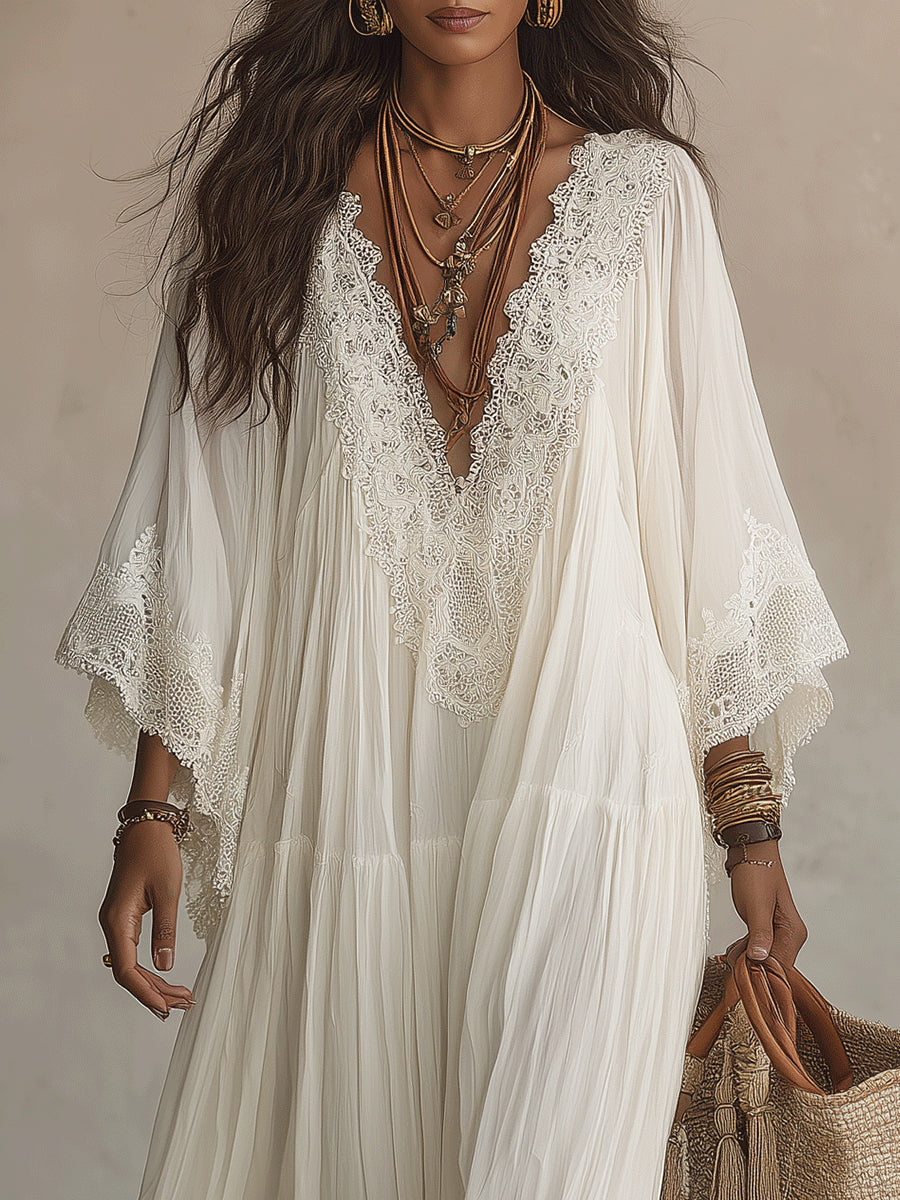 Celeste | Vestido Largo de Chifón Marfil con Mangas Murciélago y Encaje Blanco