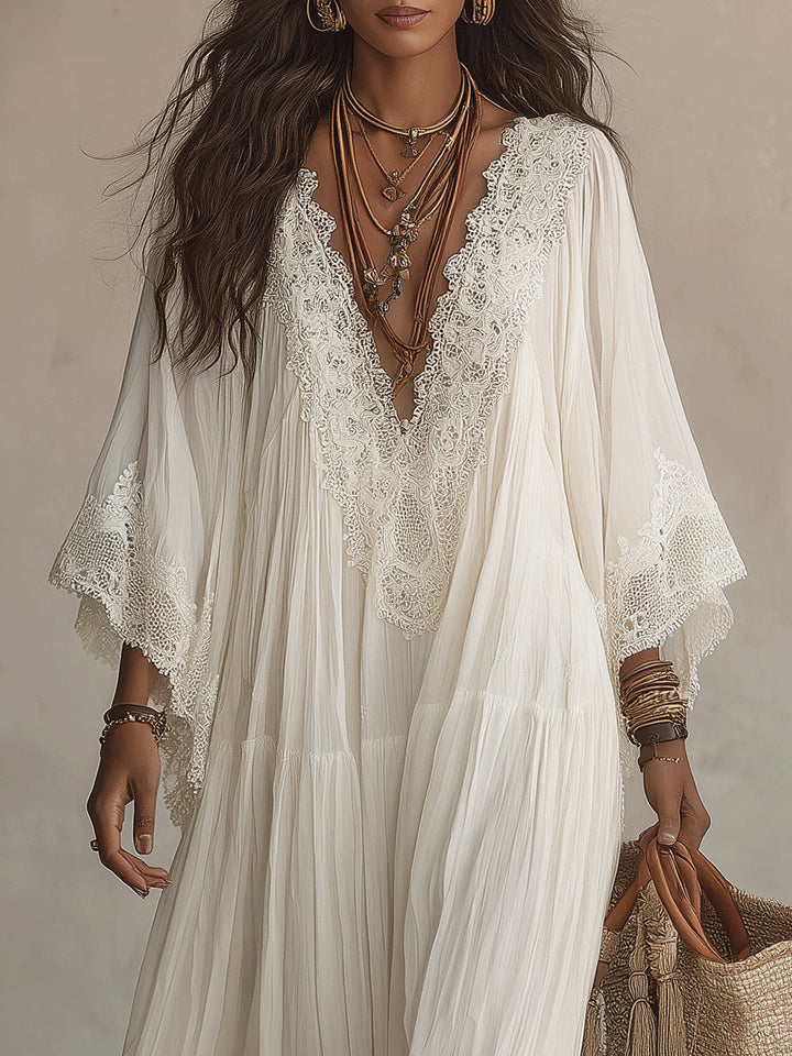 Celeste | Vestido Largo de Chifón Marfil con Mangas Murciélago y Encaje Blanco