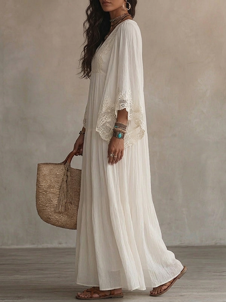 Celeste | Vestido Largo de Chifón Marfil con Mangas Murciélago y Encaje Blanco