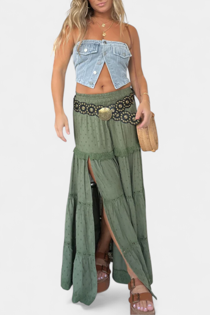 Dola Falda Maxi Boho con Encaje y Abertura Frontal