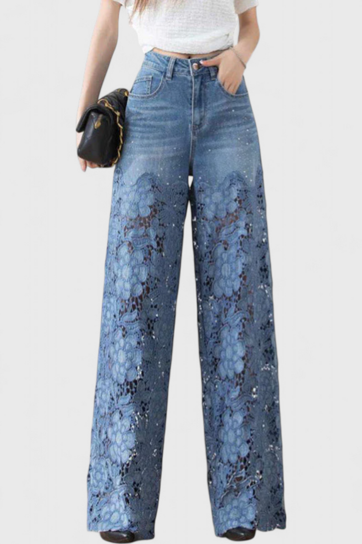 Jasiel | Pantalón Palazzo de Encaje Denim con Bordado Floral