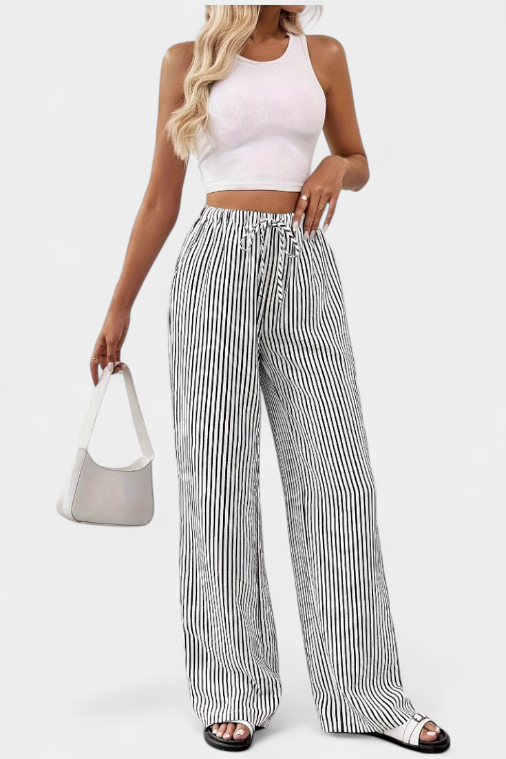 Nuria | Pantalones Rectos Ligeros con Cintura Ajustable a Rayas